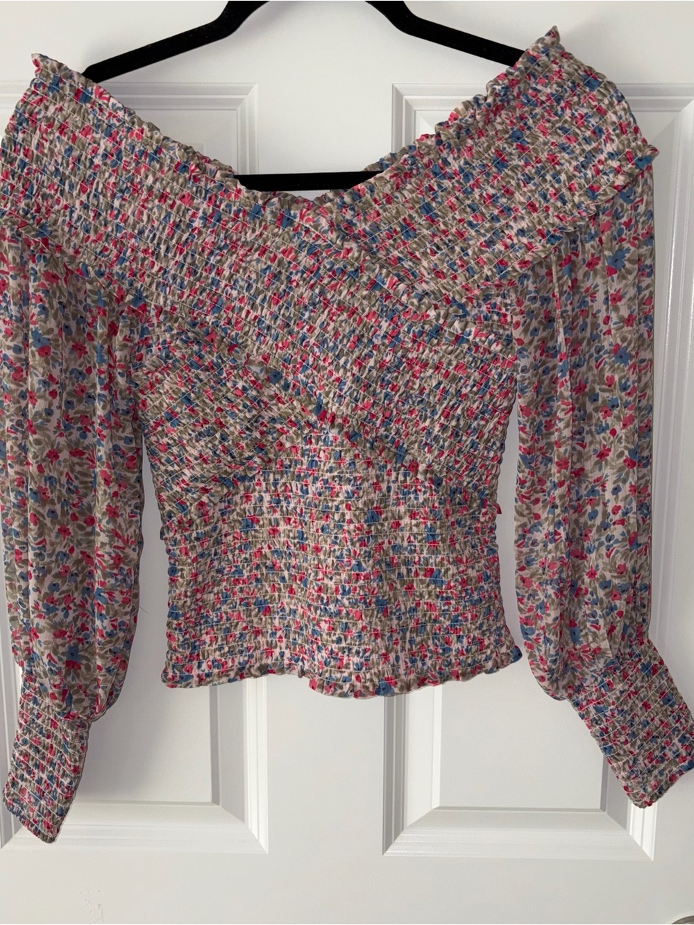 BB Dakota Floral Smocked Off-Shoulder Top in White, Blue, Red